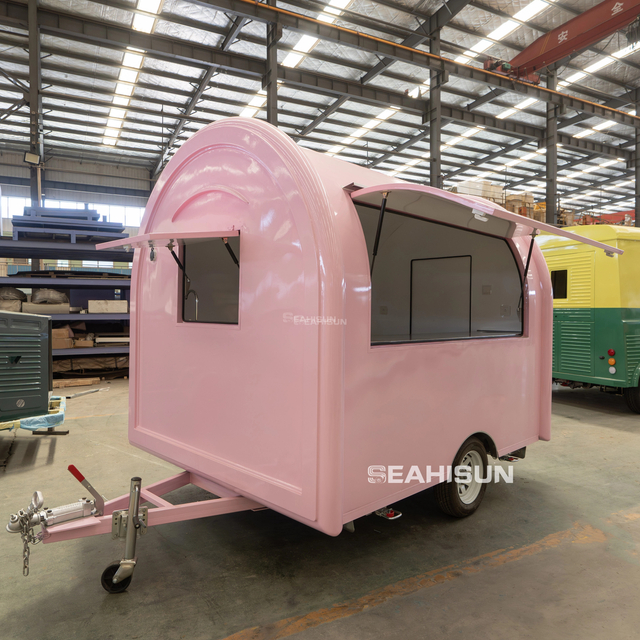 2.8m Pink Ice Cream Bbq Drink Coffee Trailer Mobile Fast Food Round Carts with Equipment