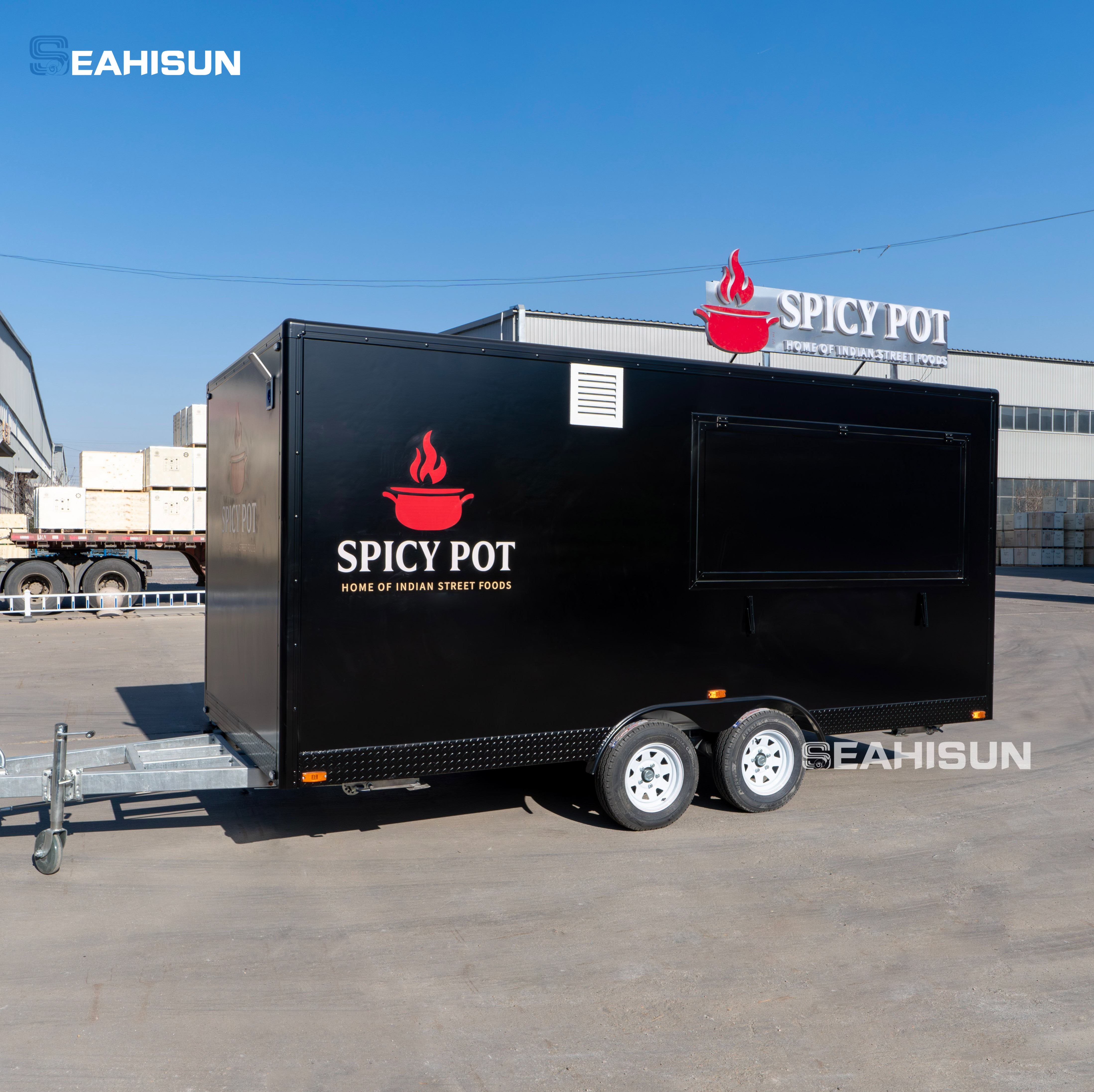 Commercial equipment setup in a customized food trailer